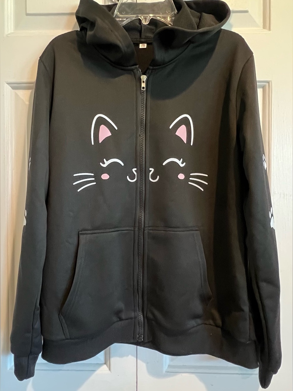 Kids Black Zip-Up Hoodie with Pink Cat Face, Pockets & 🐾 down the sleeves